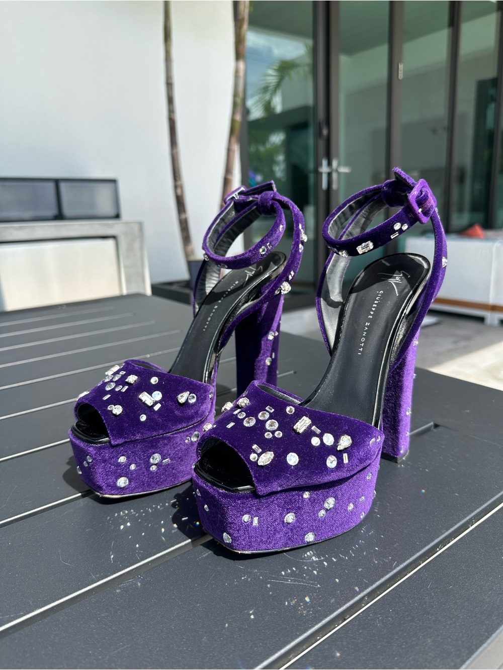 Giuseppe Zanotti Purple Velvet Crystal Dazzling Betty Platform Sandals 39